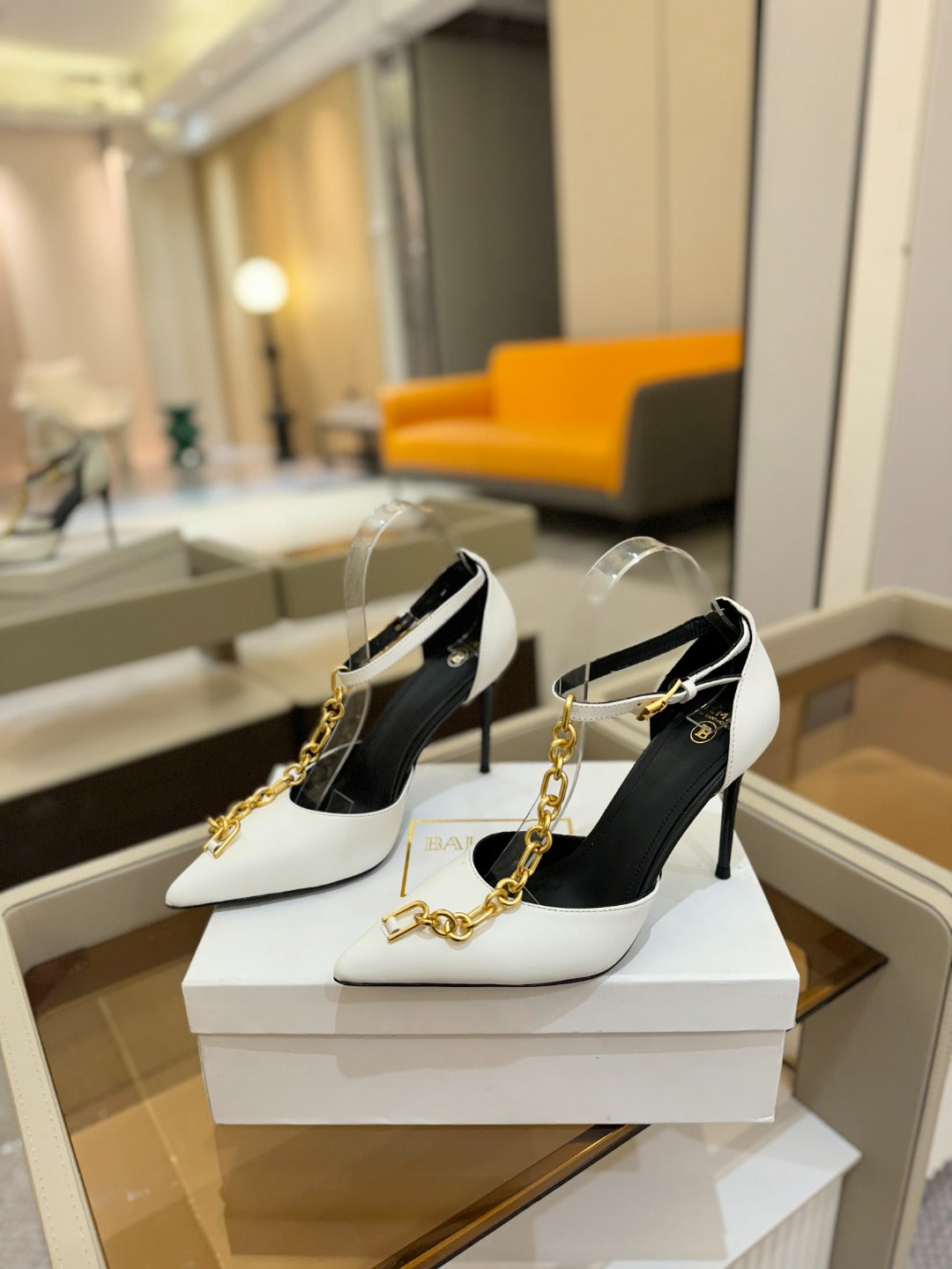 BALMAIN 25S SYNC STILETTOS WITH POINTED TOE 95MM IN WHITE CALFSKIN - 36