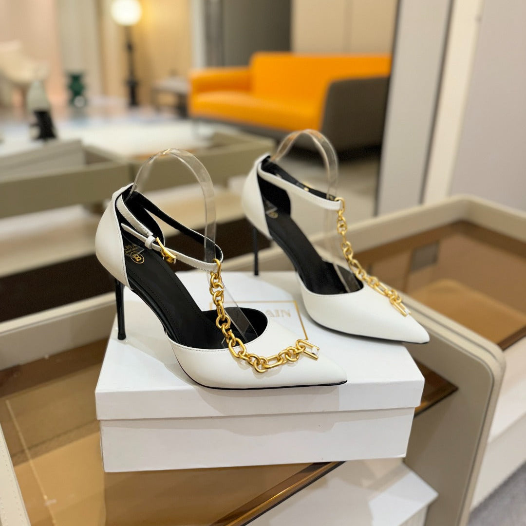 BALMAIN 25S SYNC STILETTOS WITH POINTED TOE 95MM IN WHITE CALFSKIN - 36