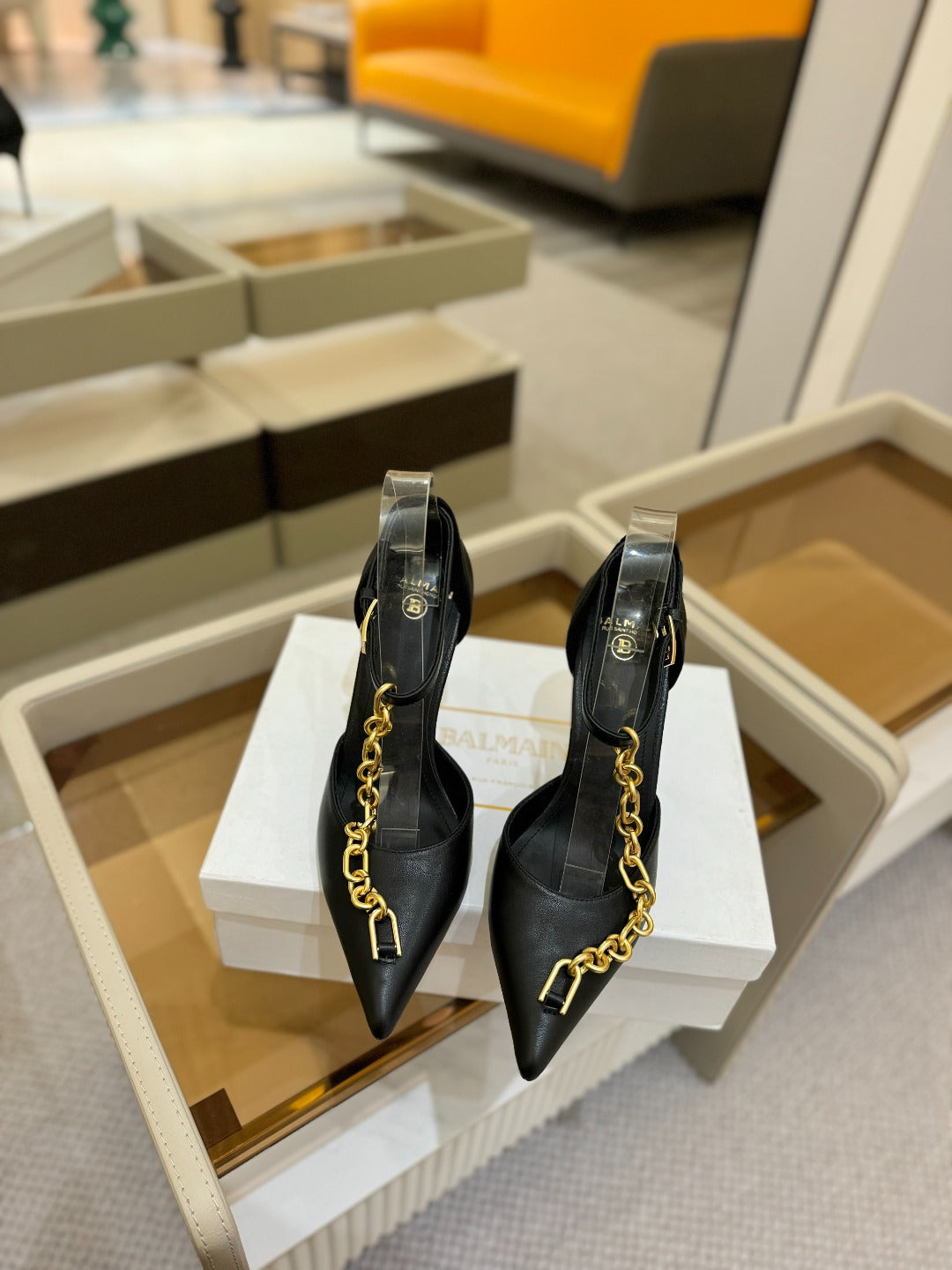 BALMAIN 25S SYNC STILETTOS WITH POINTED TOE 95MM IN BLACK CALFSKIN - 36