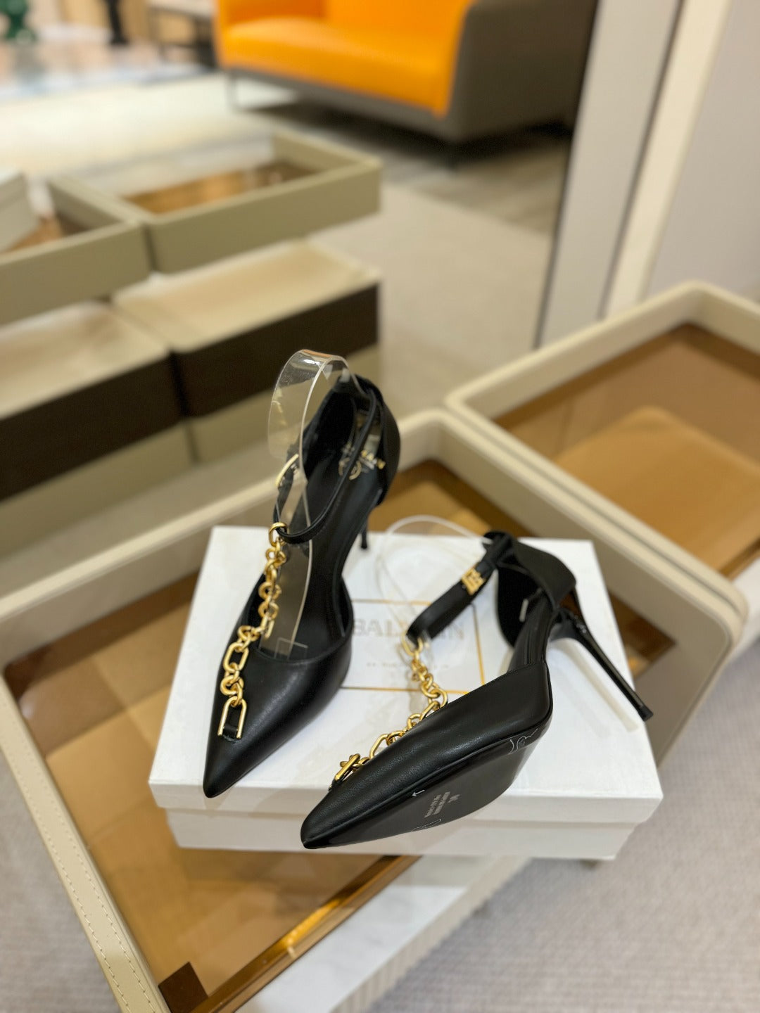 BALMAIN 25S SYNC STILETTOS WITH POINTED TOE 95MM IN BLACK CALFSKIN - 36