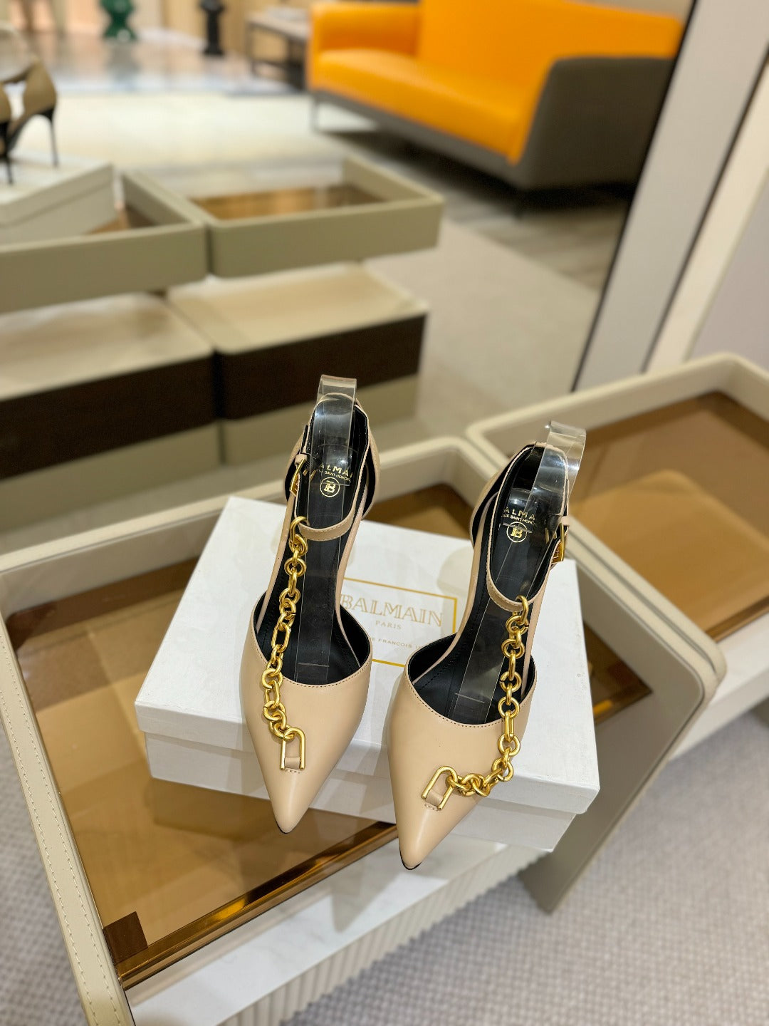BALMAIN 25S SYNC STILETTOS WITH POINTED TOE 95MM IN BEIGE CALFSKIN - 36