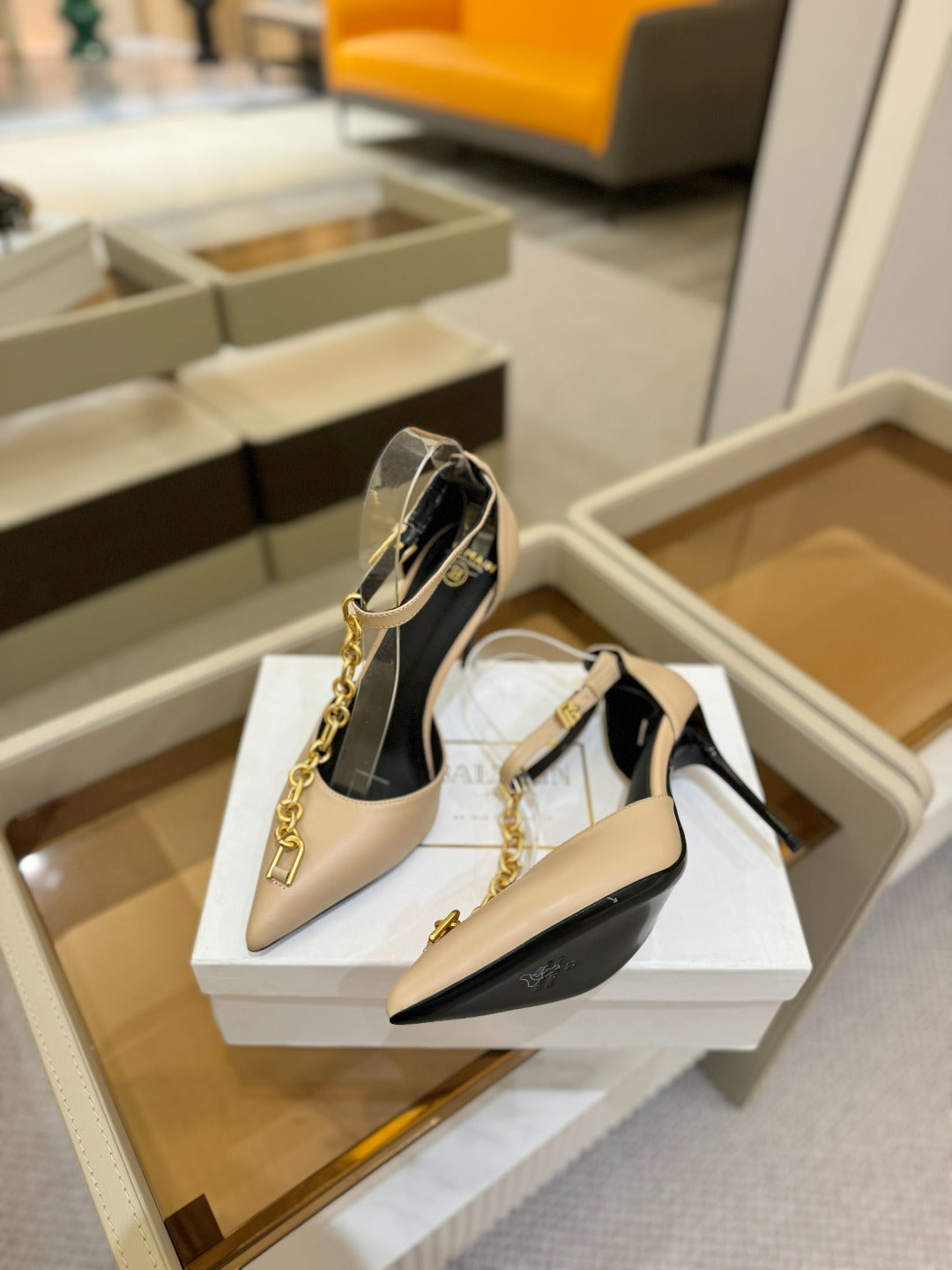 BALMAIN 25S SYNC STILETTOS WITH POINTED TOE 95MM IN BEIGE CALFSKIN - 36