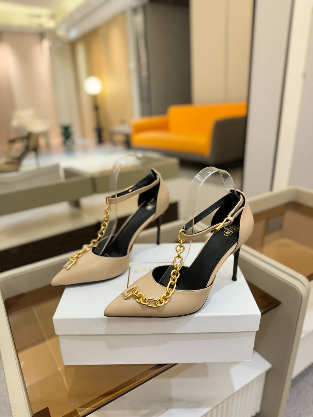 BALMAIN 25S SYNC STILETTOS WITH POINTED TOE 95MM IN BEIGE CALFSKIN - 36