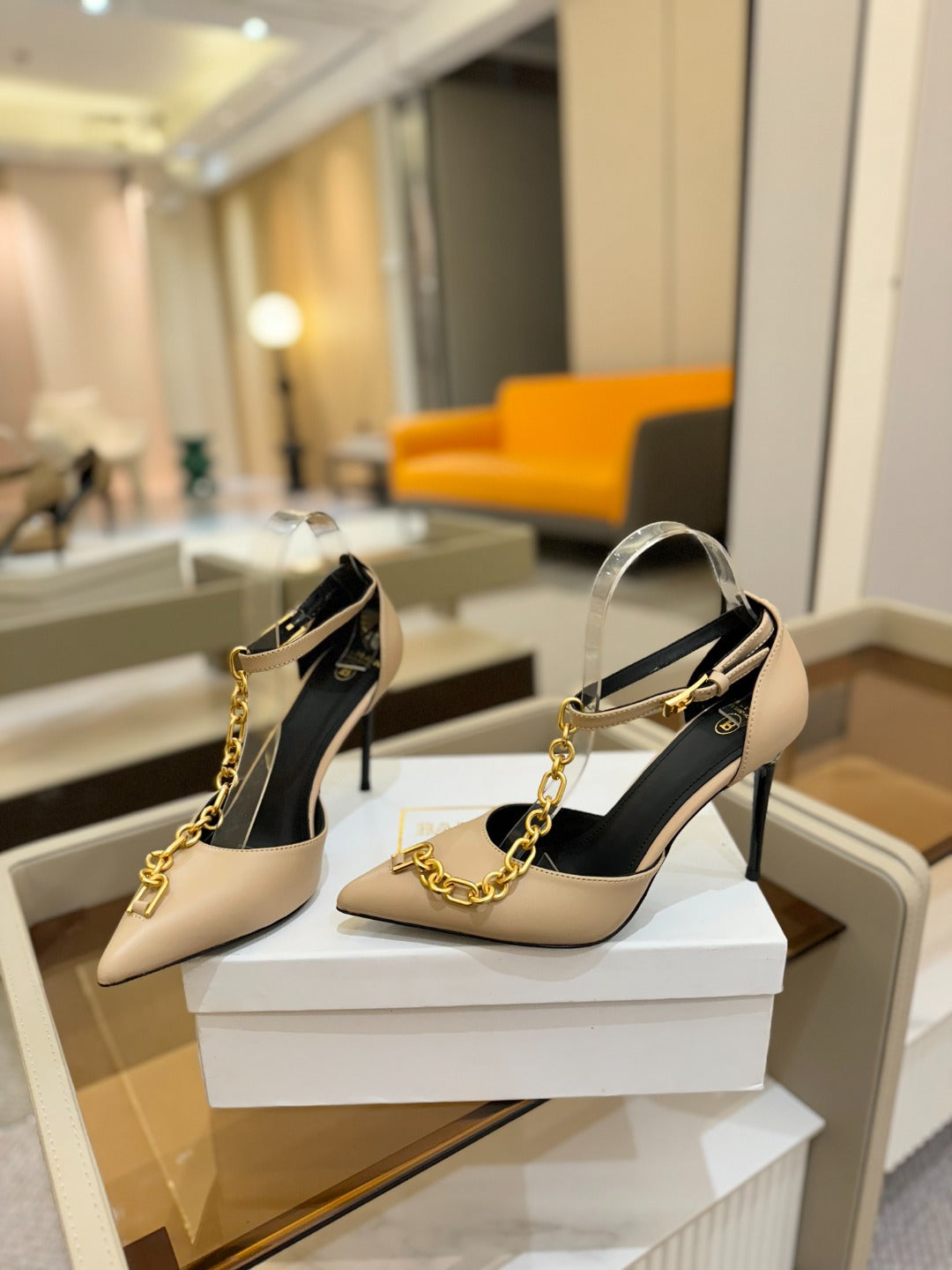 BALMAIN 25S SYNC STILETTOS WITH POINTED TOE 95MM IN BEIGE CALFSKIN - 36