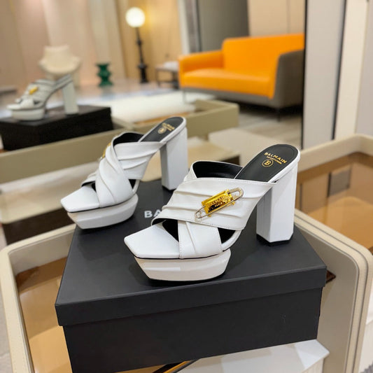 BALMAIN 25S WEDGE HEEL SANDALS 100MM IN WHITE CALFSKIN - 36