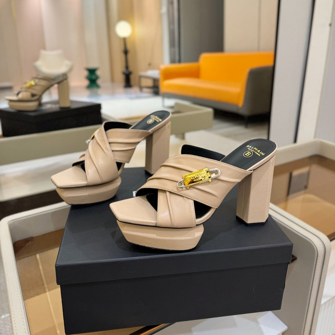 BALMAIN 25S WEDGE HEEL SANDALS 100MM IN NUDE CALFSKIN - 36