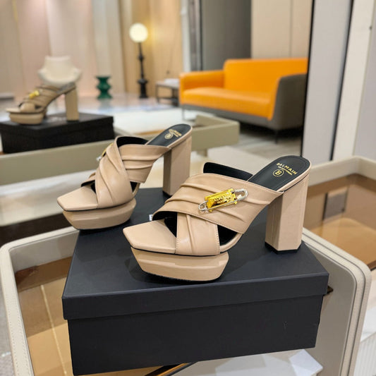 BALMAIN 25S WEDGE HEEL SANDALS 100MM IN NUDE CALFSKIN - 36