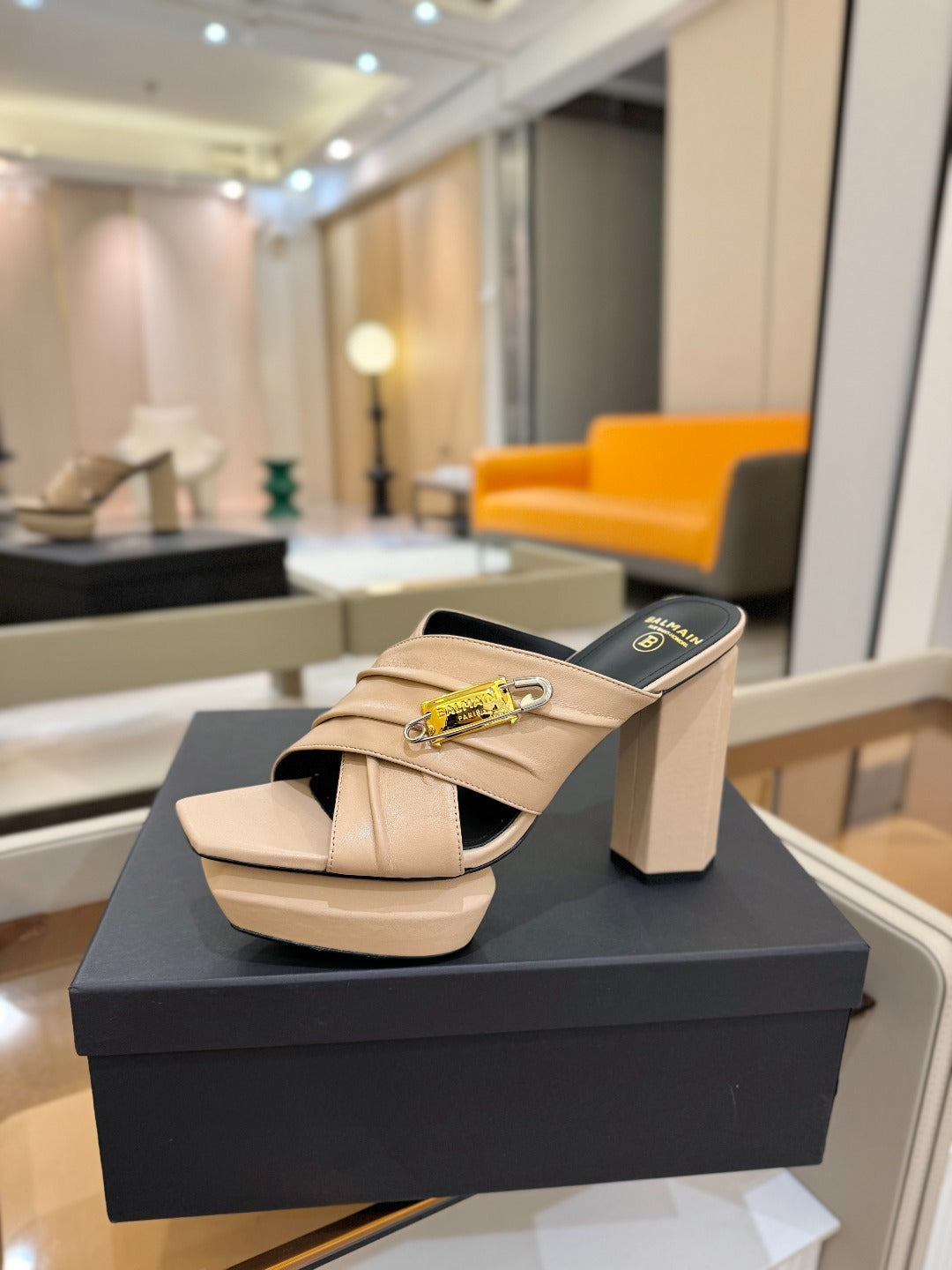 BALMAIN 25S WEDGE HEEL SANDALS 100MM IN NUDE CALFSKIN - 36