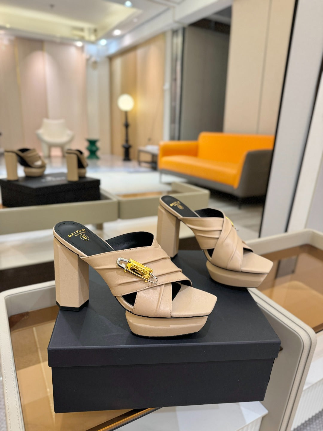 BALMAIN 25S WEDGE HEEL SANDALS 100MM IN NUDE CALFSKIN - 36