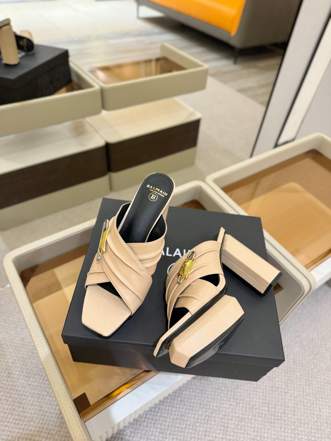 BALMAIN 25S WEDGE HEEL SANDALS 100MM IN NUDE CALFSKIN - 36