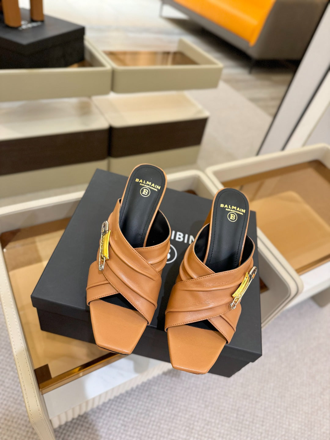 BALMAIN 25S WEDGE HEEL SANDALS 100MM IN BROWN CALFSKIN - 36