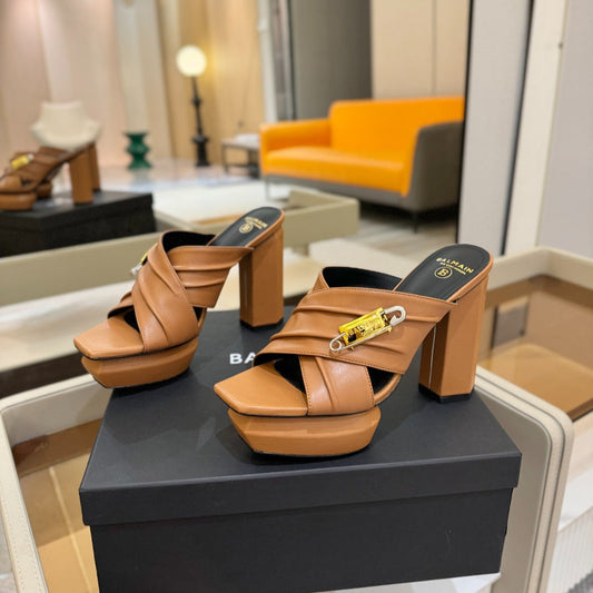 BALMAIN 25S WEDGE HEEL SANDALS 100MM IN BROWN CALFSKIN - 36