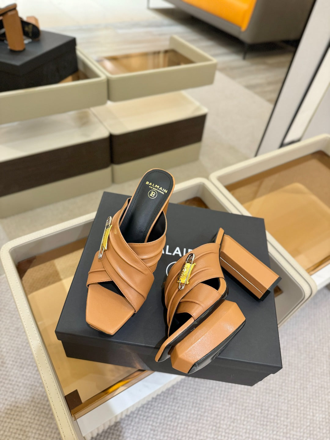 BALMAIN 25S WEDGE HEEL SANDALS 100MM IN BROWN CALFSKIN - 36