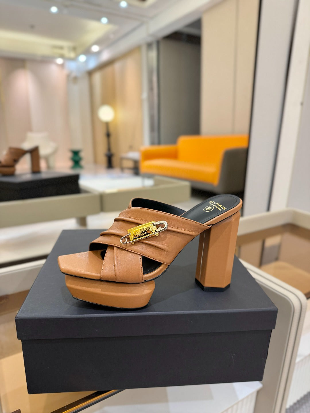 BALMAIN 25S WEDGE HEEL SANDALS 100MM IN BROWN CALFSKIN - 36