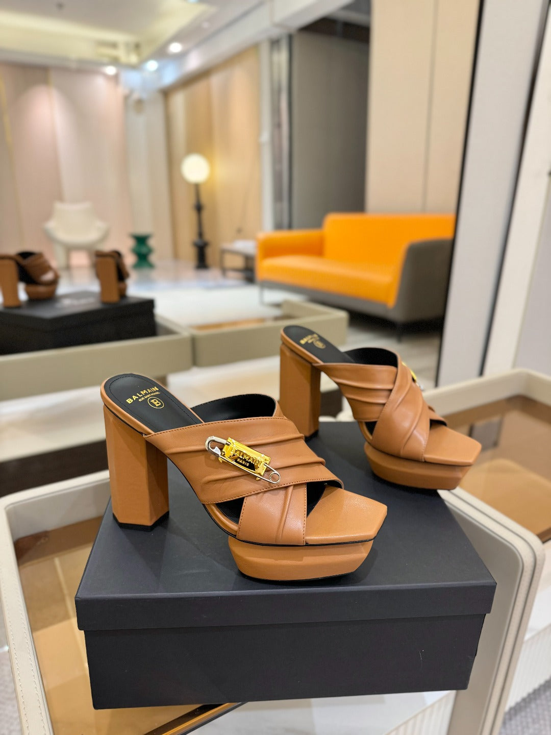 BALMAIN 25S WEDGE HEEL SANDALS 100MM IN BROWN CALFSKIN - 36