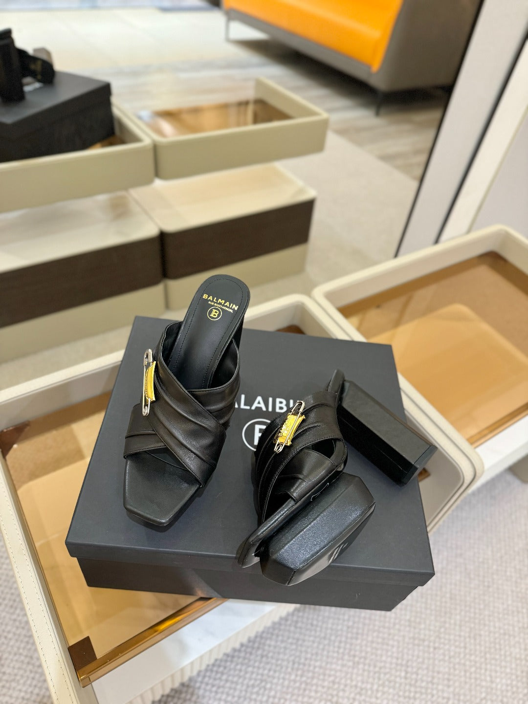 BALMAIN 25S WEDGE HEEL SANDALS 100MM IN BLACK CALFSKIN - 36
