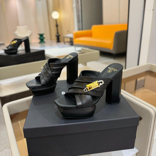 BALMAIN 25S WEDGE HEEL SANDALS 100MM IN BLACK CALFSKIN - 36