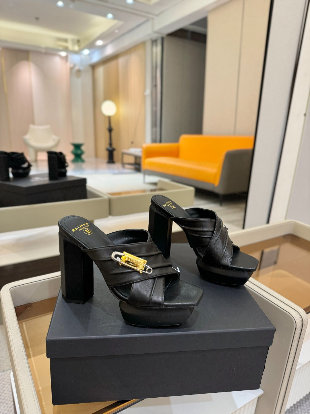 BALMAIN 25S WEDGE HEEL SANDALS 100MM IN BLACK CALFSKIN - 36