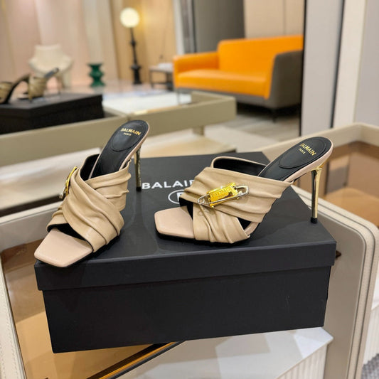 BALMAIN 25S HIGH HEEL SANDALS 95MM IN BEIGE CALFSKIN - 36