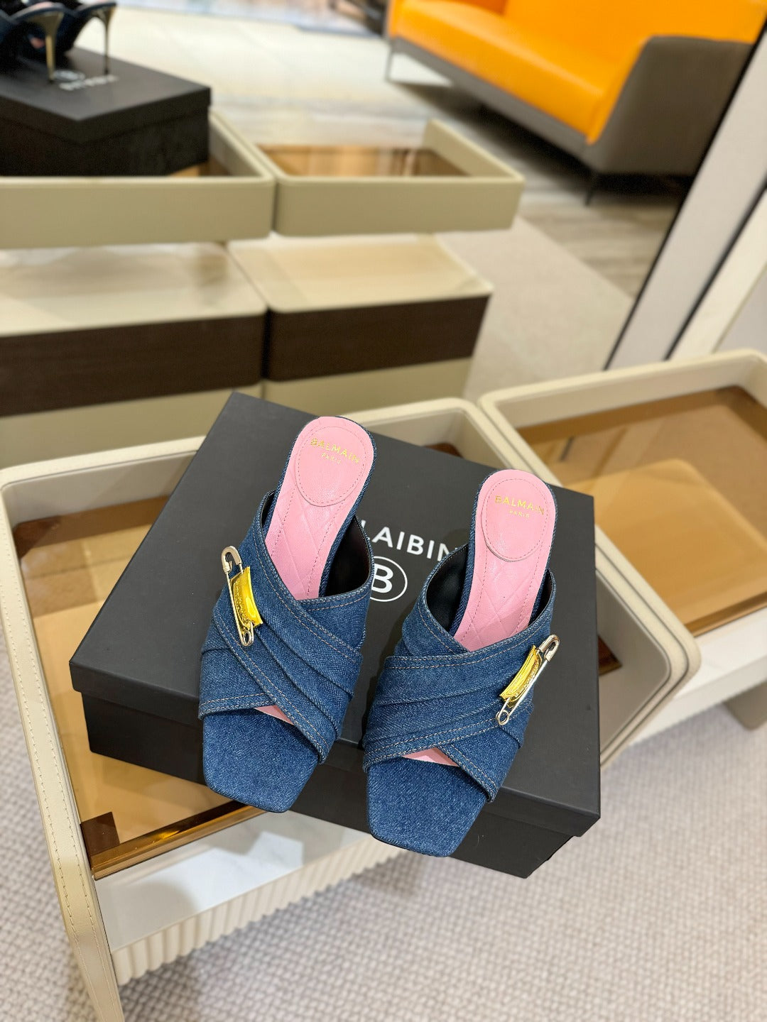 BALMAIN 25S HIGH HEEL SANDALS 95MM IN BLUE DENIM - 36