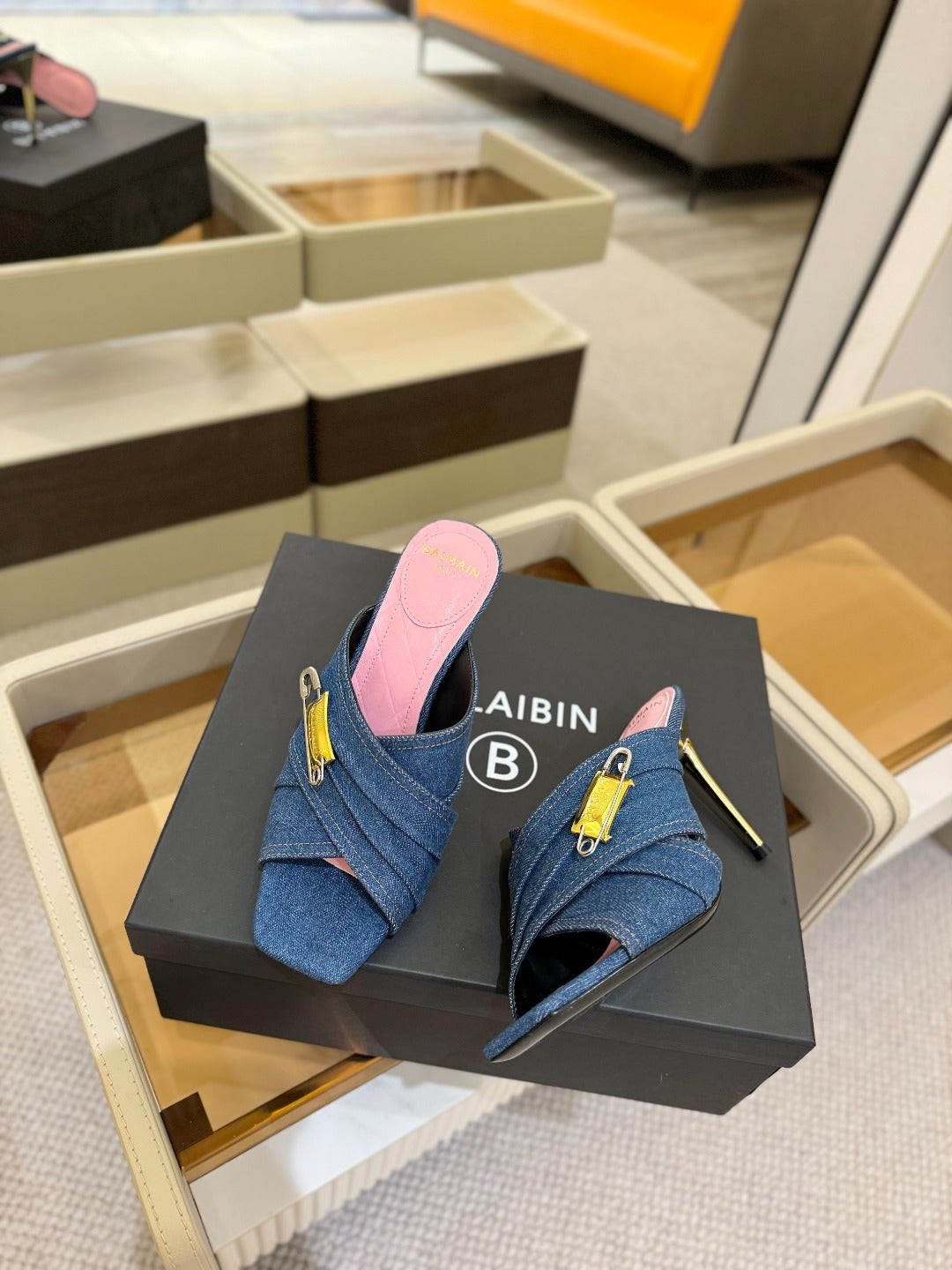 BALMAIN 25S HIGH HEEL SANDALS 95MM IN BLUE DENIM - 36