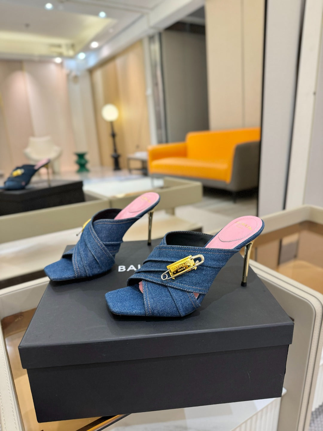 BALMAIN 25S HIGH HEEL SANDALS 95MM IN BLUE DENIM - 36
