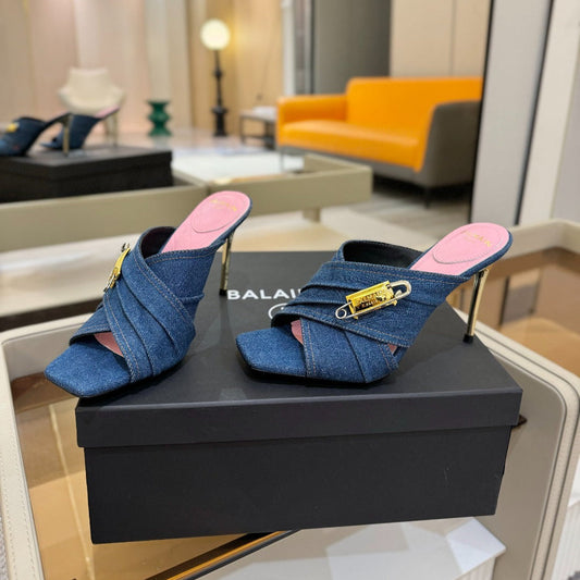 BALMAIN 25S HIGH HEEL SANDALS 95MM IN BLUE DENIM - 36
