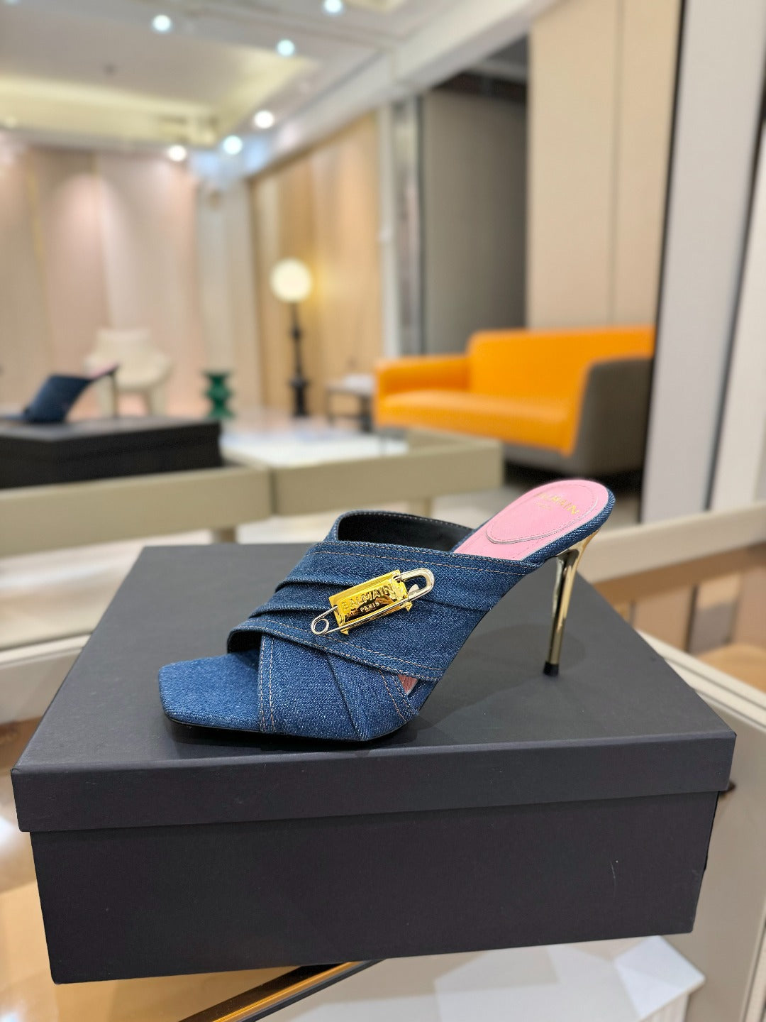 BALMAIN 25S HIGH HEEL SANDALS 95MM IN BLUE DENIM - 36