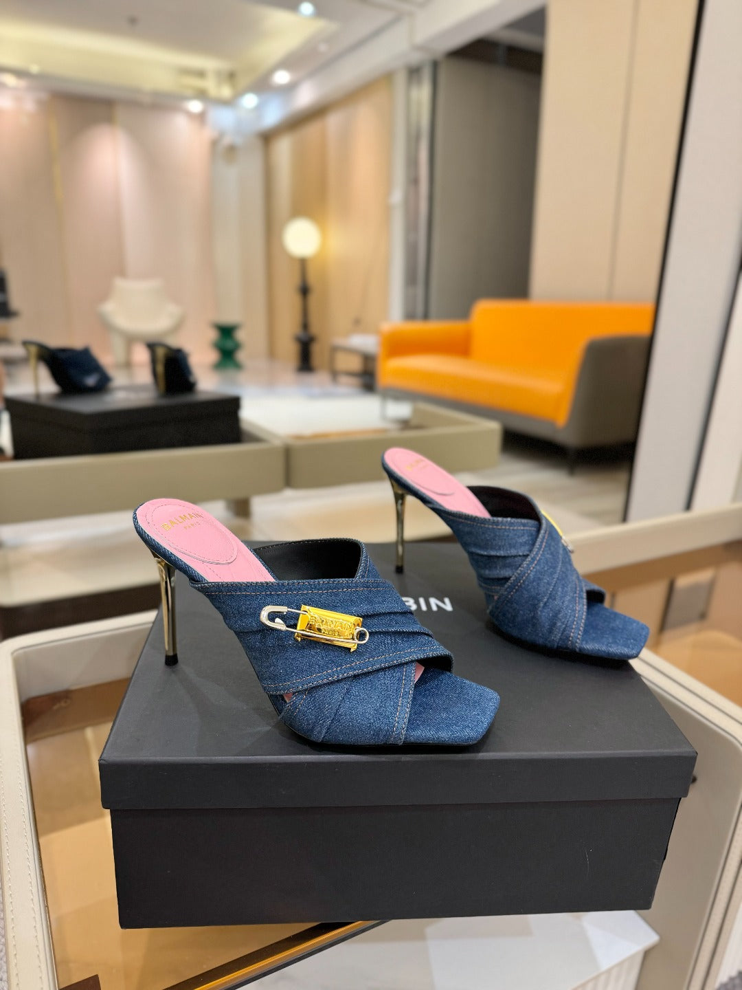 BALMAIN 25S HIGH HEEL SANDALS 95MM IN BLUE DENIM - 36