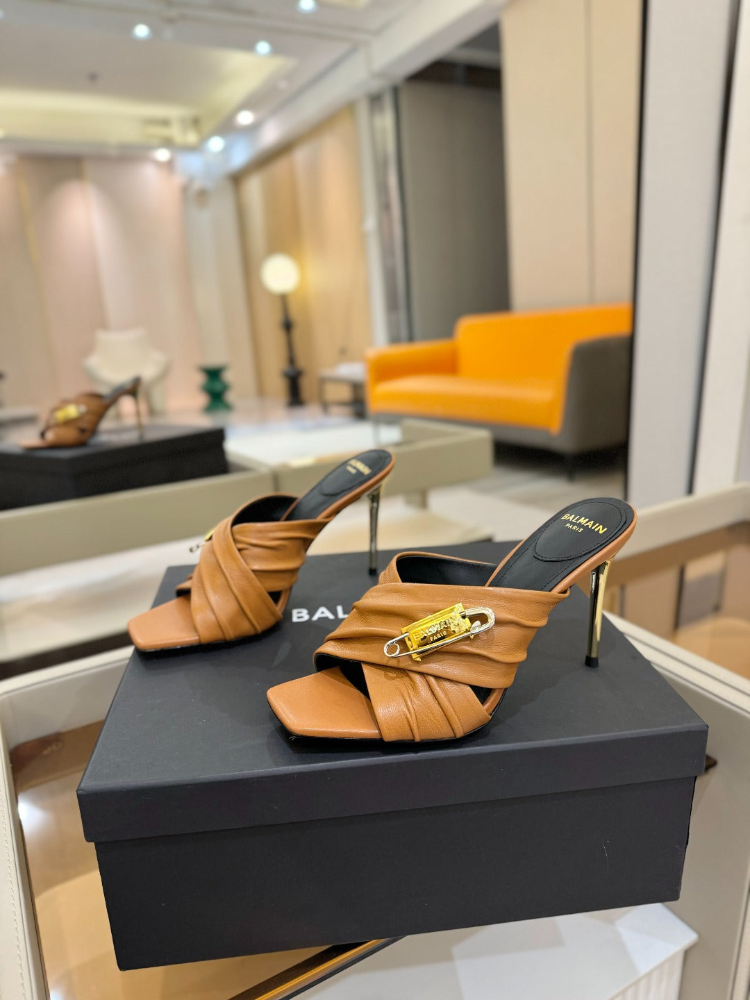 BALMAIN 25S HIGH HEEL SANDALS 95MM IN BROWN CALFSKIN - 36