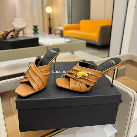 BALMAIN 25S HIGH HEEL SANDALS 95MM IN BROWN CALFSKIN - 36