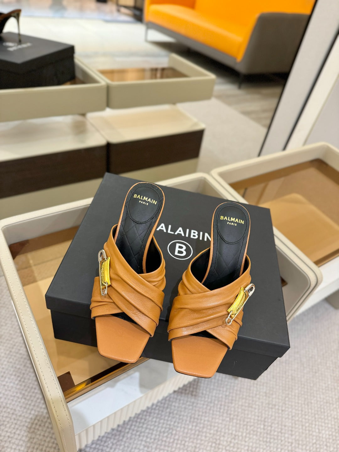 BALMAIN 25S HIGH HEEL SANDALS 95MM IN BROWN CALFSKIN - 36