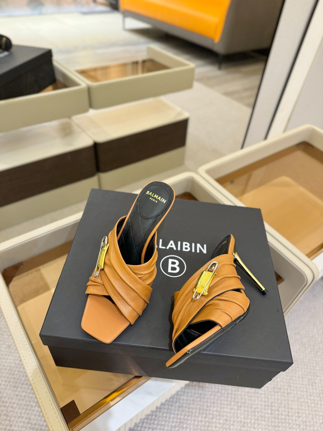 BALMAIN 25S HIGH HEEL SANDALS 95MM IN BROWN CALFSKIN - 36