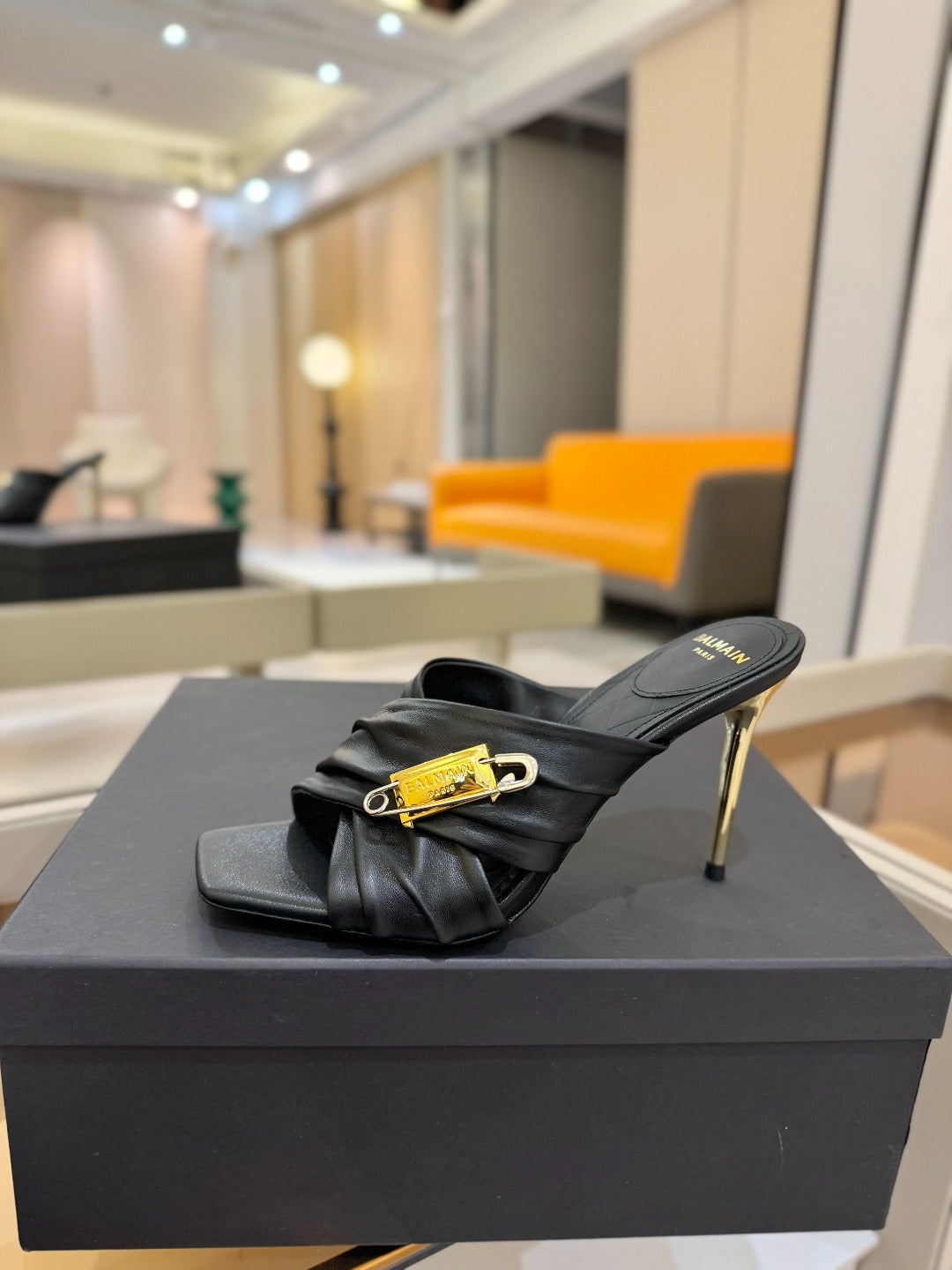 BALMAIN 25S HIGH HEEL SANDALS 95MM IN BLACK CALFSKIN - 36