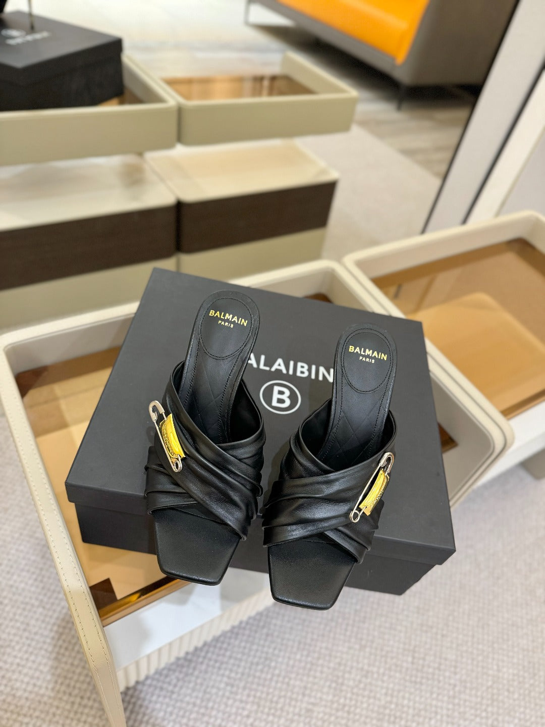 BALMAIN 25S HIGH HEEL SANDALS 95MM IN BLACK CALFSKIN - 36