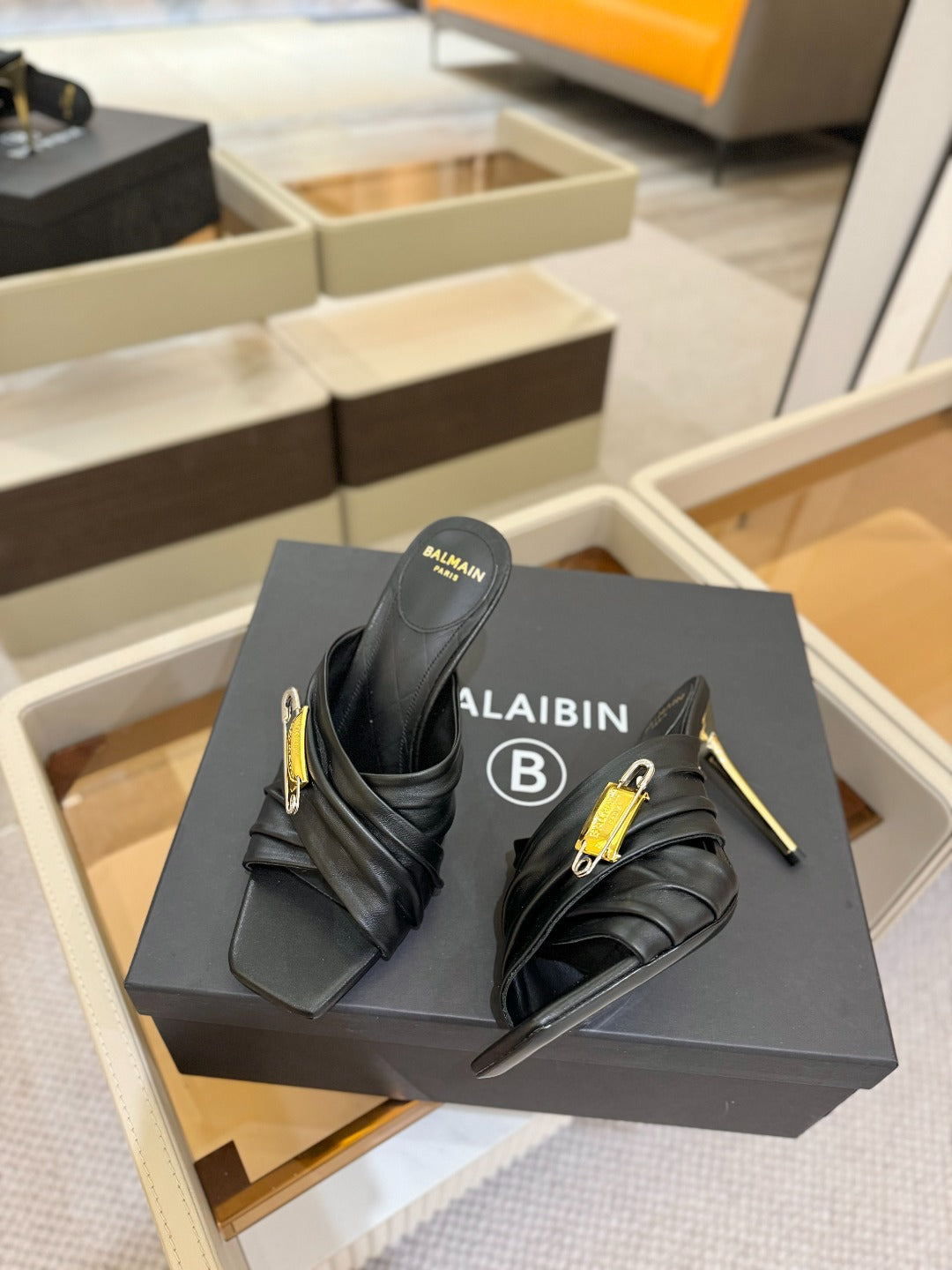 BALMAIN 25S HIGH HEEL SANDALS 95MM IN BLACK CALFSKIN - 36