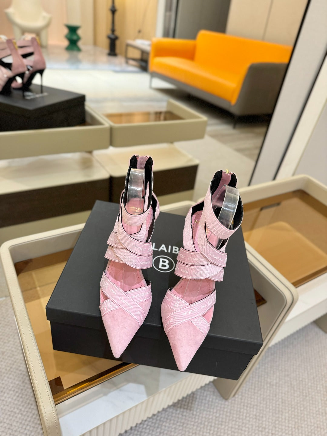 BALMAIN 25S HIGH HEELS LOGO RIBBON 95MM IN PINK SUEDE - 36