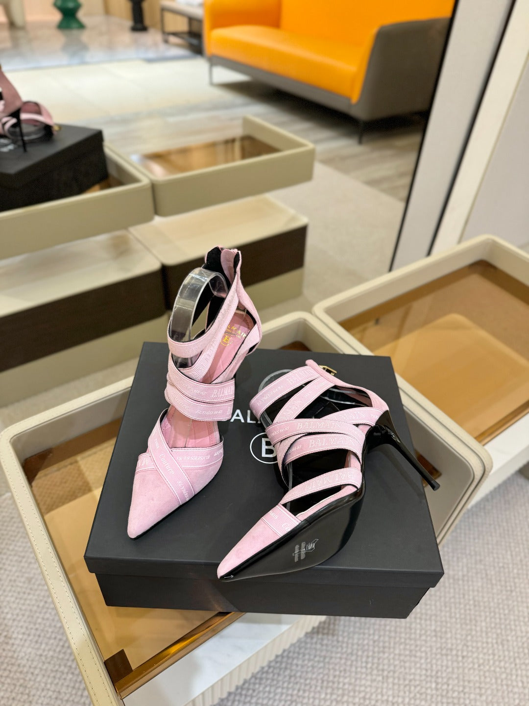 BALMAIN 25S HIGH HEELS LOGO RIBBON 95MM IN PINK SUEDE - 36