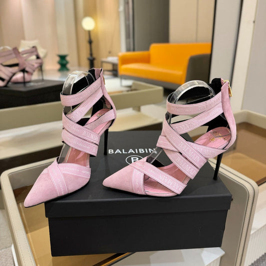 BALMAIN 25S HIGH HEELS LOGO RIBBON 95MM IN PINK SUEDE - 36