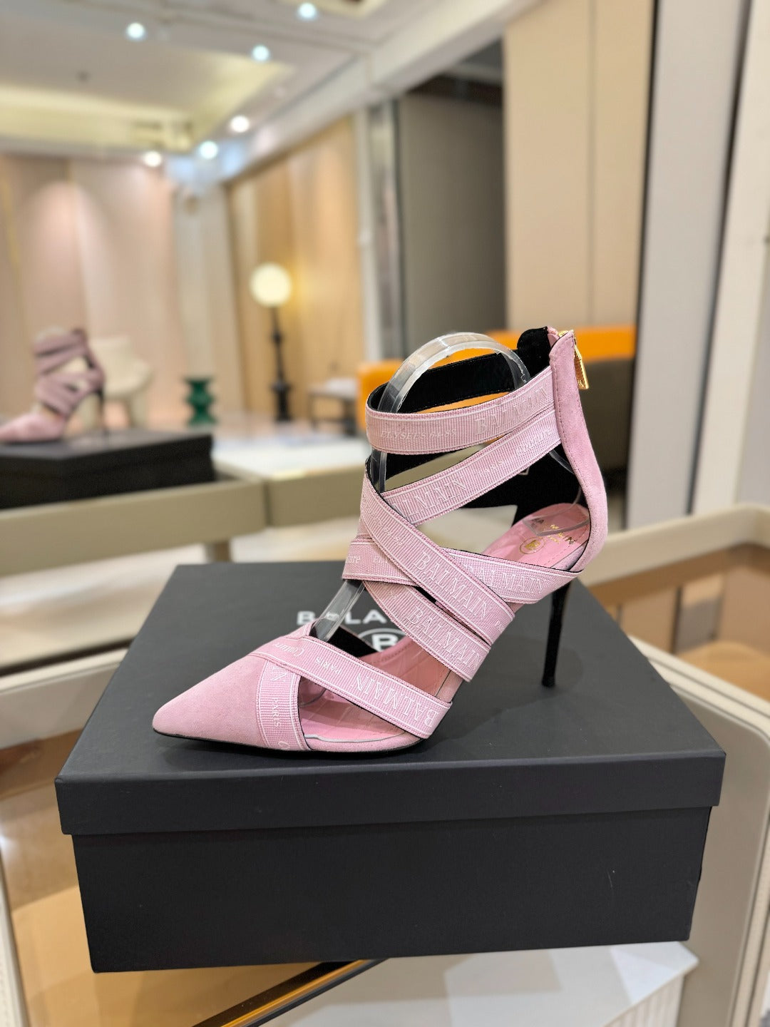 BALMAIN 25S HIGH HEELS LOGO RIBBON 95MM IN PINK SUEDE - 36