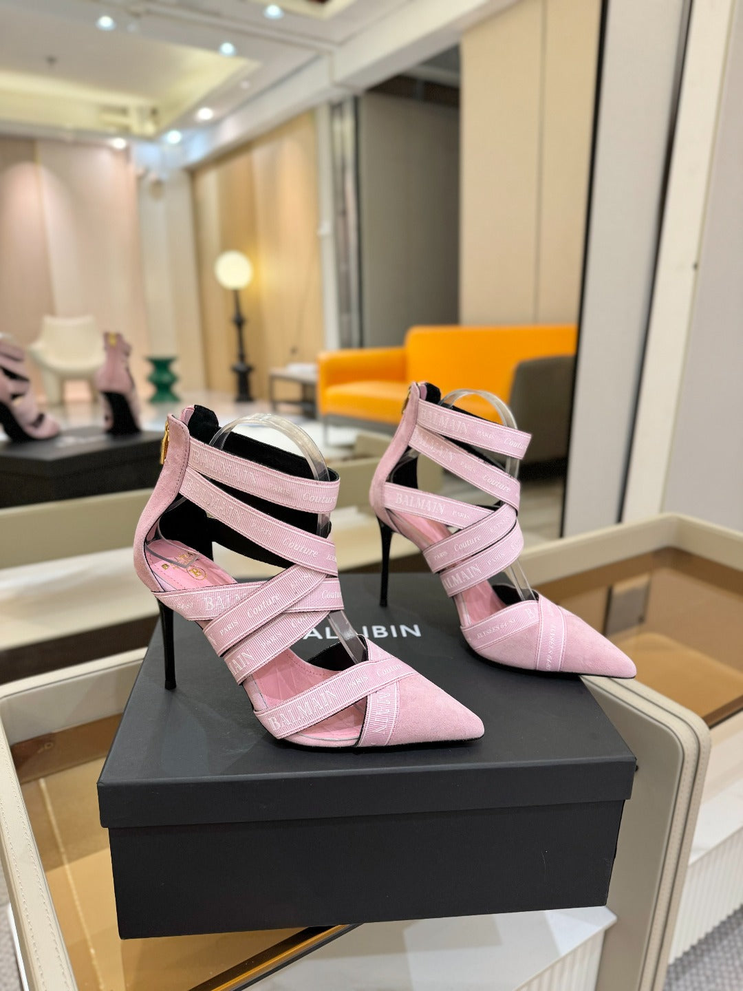 BALMAIN 25S HIGH HEELS LOGO RIBBON 95MM IN PINK SUEDE - 36