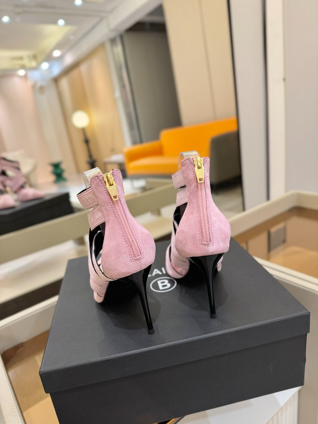 BALMAIN 25S HIGH HEELS LOGO RIBBON 95MM IN PINK SUEDE - 36