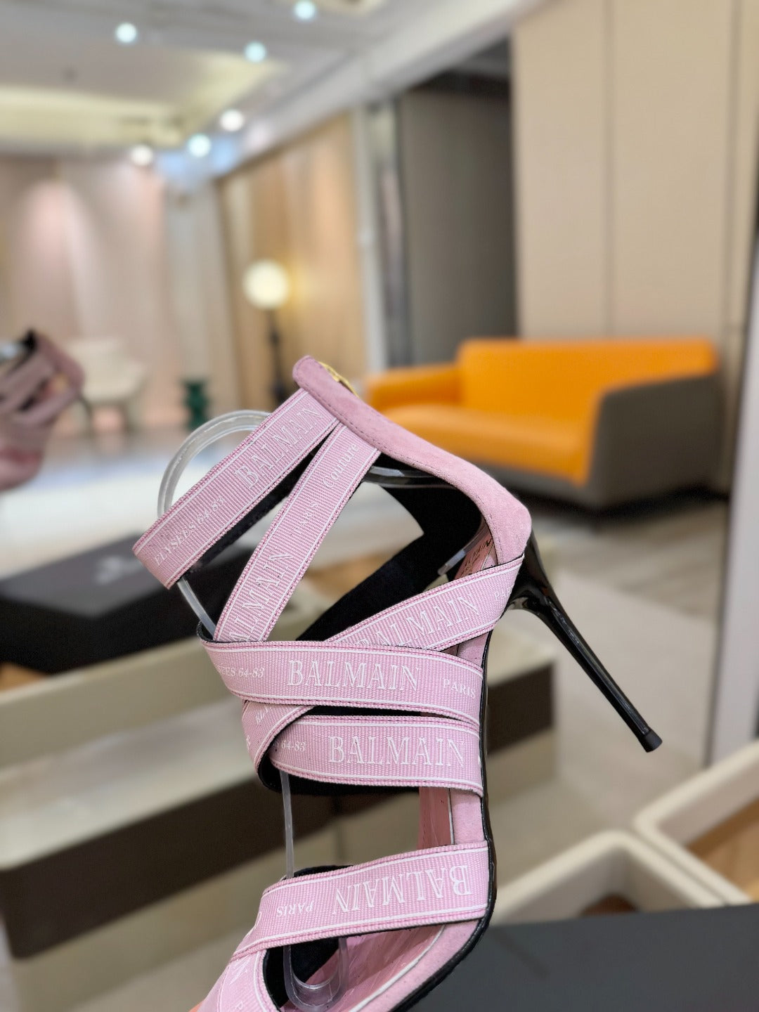 BALMAIN 25S HIGH HEELS LOGO RIBBON 95MM IN PINK SUEDE - 36