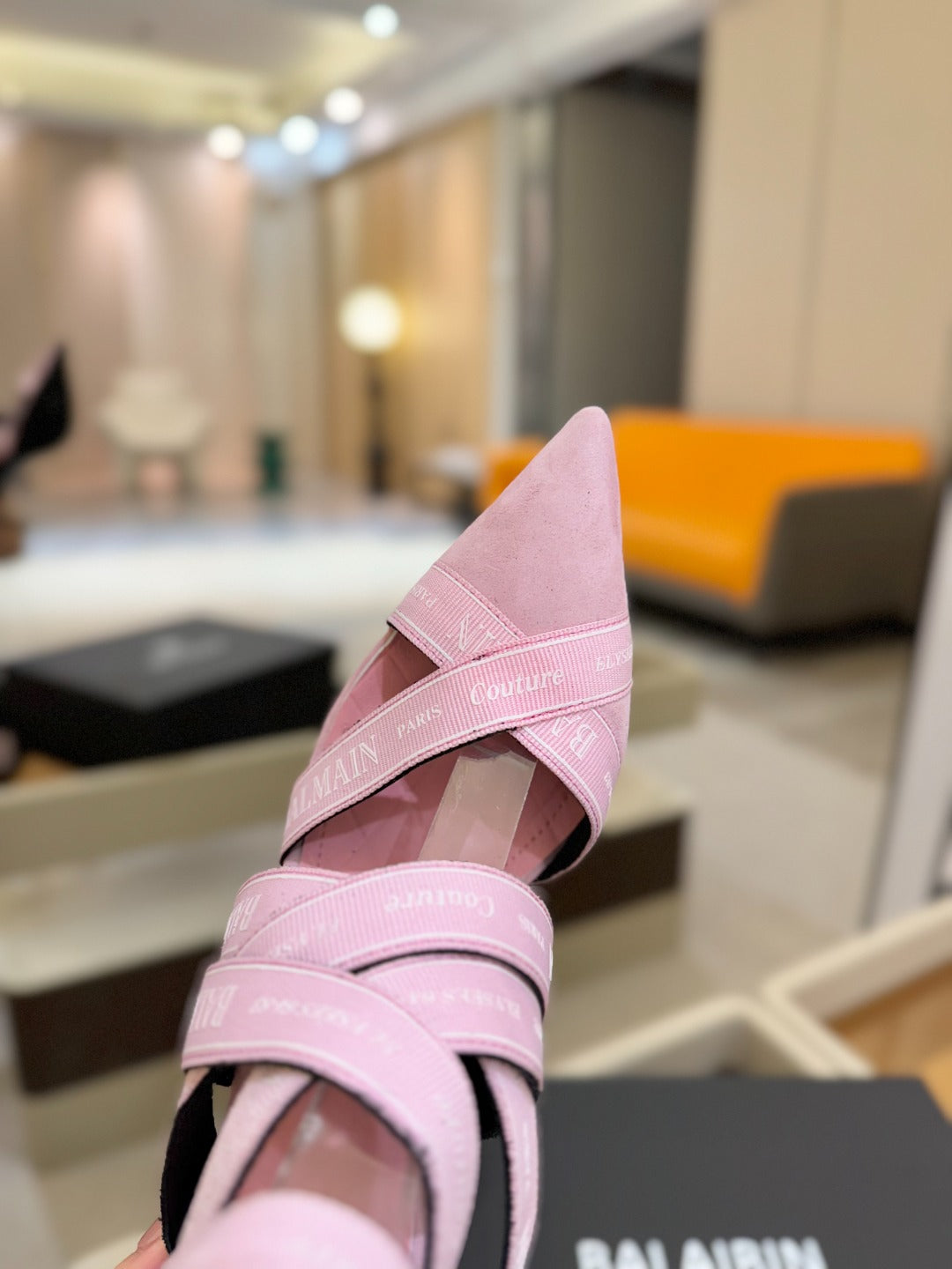 BALMAIN 25S HIGH HEELS LOGO RIBBON 95MM IN PINK SUEDE - 36