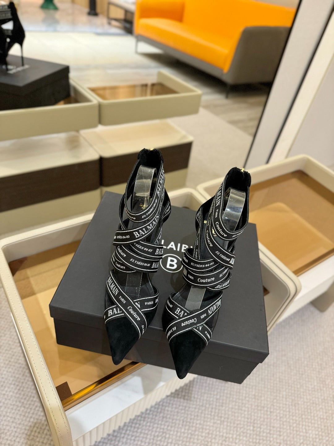 BALMAIN 25S HIGH HEELS LOGO RIBBON 95MM IN BLACK FULL SUEDE - 36