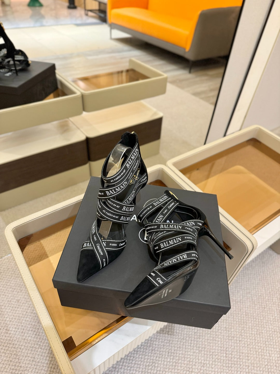BALMAIN 25S HIGH HEELS LOGO RIBBON 95MM IN BLACK FULL SUEDE - 36