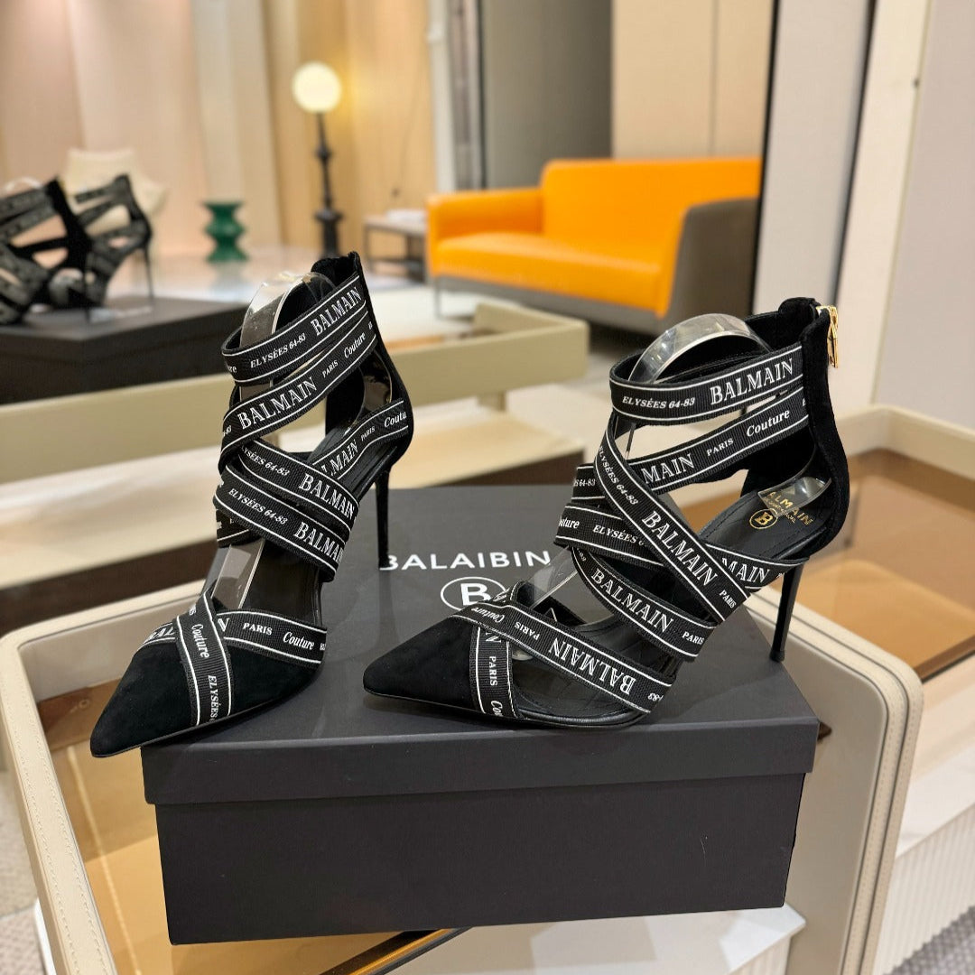 BALMAIN 25S HIGH HEELS LOGO RIBBON 95MM IN BLACK FULL SUEDE - 36