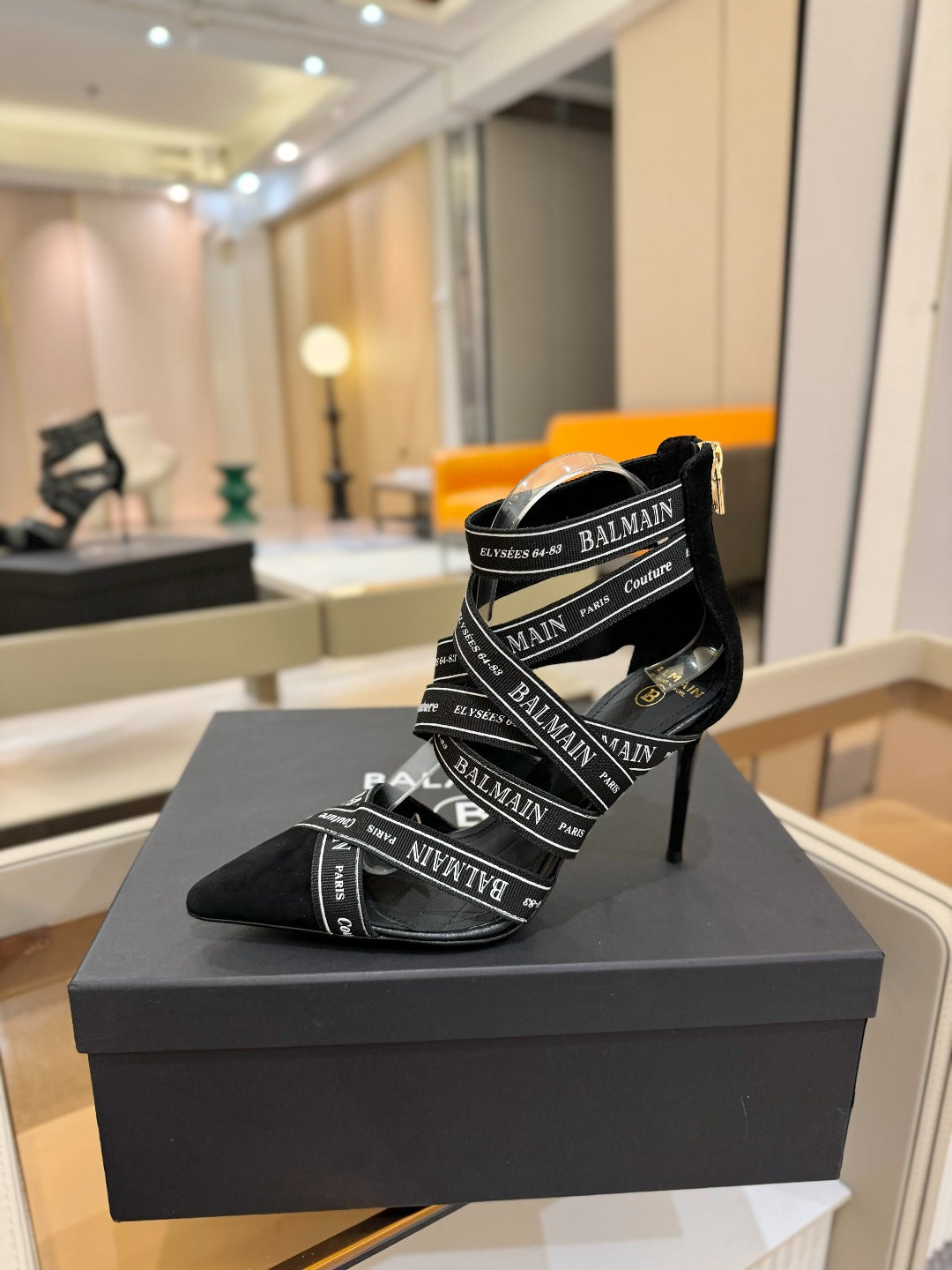 BALMAIN 25S HIGH HEELS LOGO RIBBON 95MM IN BLACK FULL SUEDE - 36