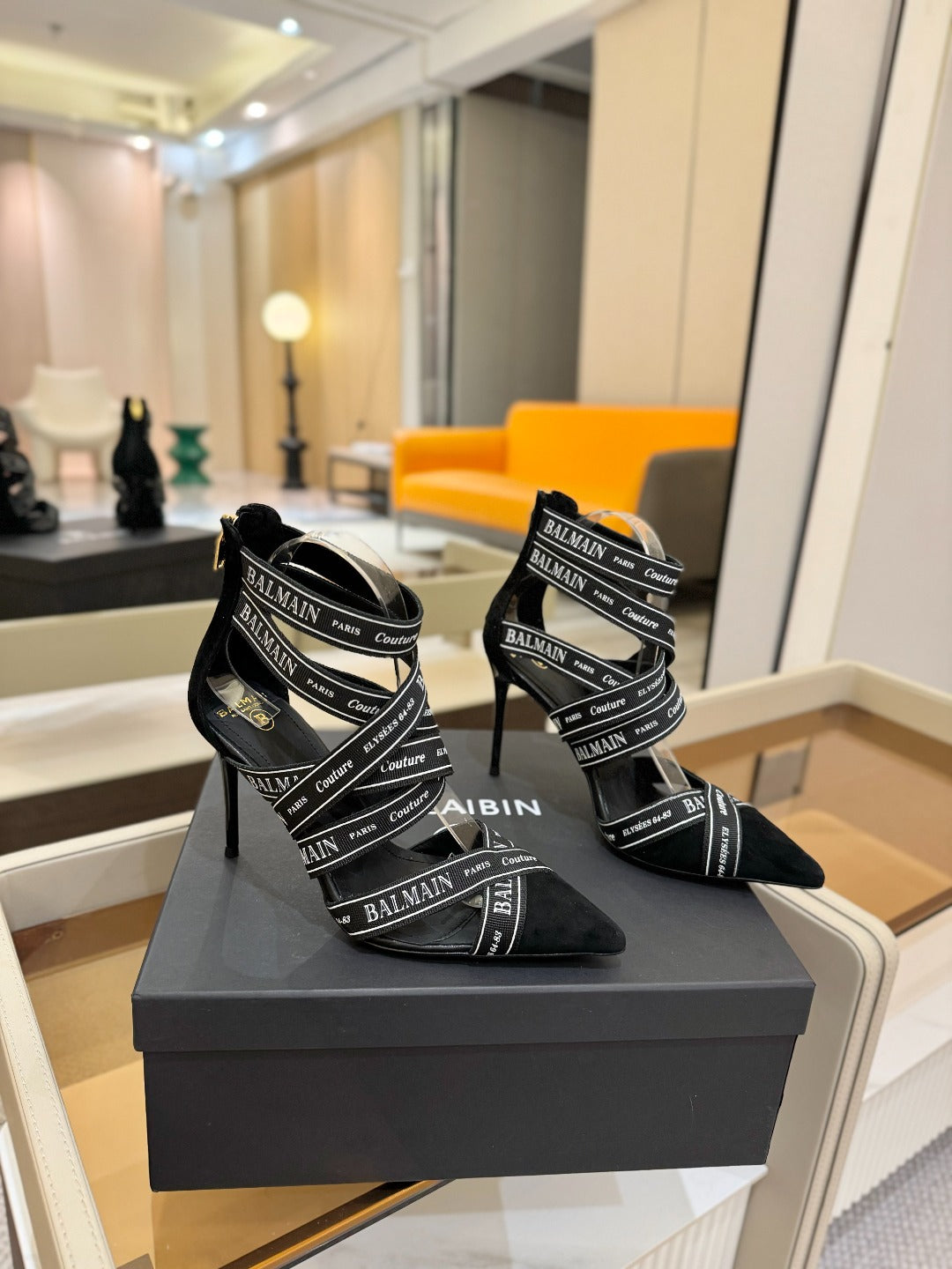 BALMAIN 25S HIGH HEELS LOGO RIBBON 95MM IN BLACK FULL SUEDE - 36
