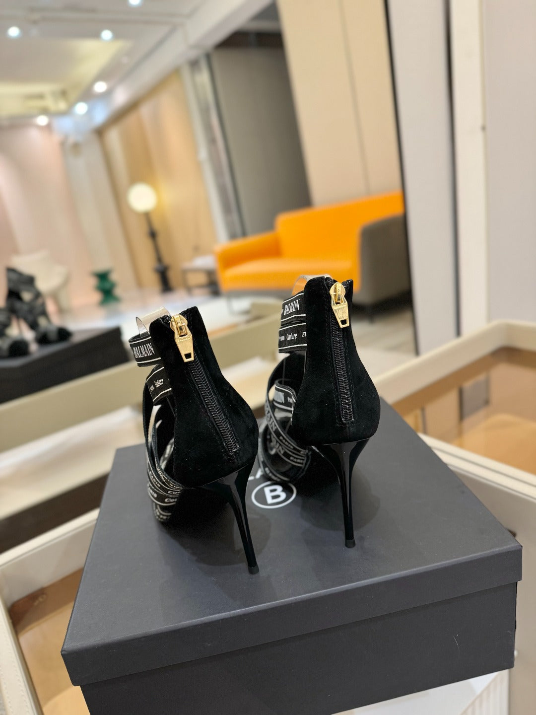 BALMAIN 25S HIGH HEELS LOGO RIBBON 95MM IN BLACK FULL SUEDE - 36